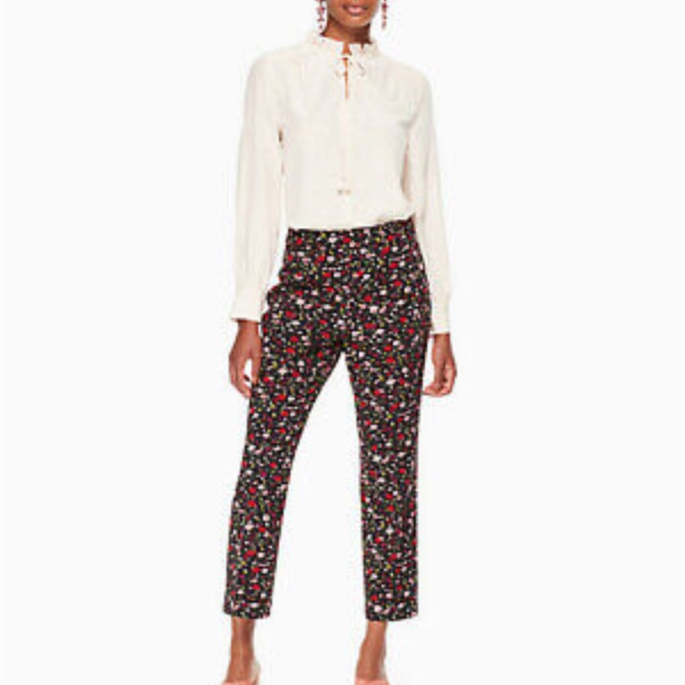 KATE SPADE womens black boho floral cigarette slack designer pants Sz 0